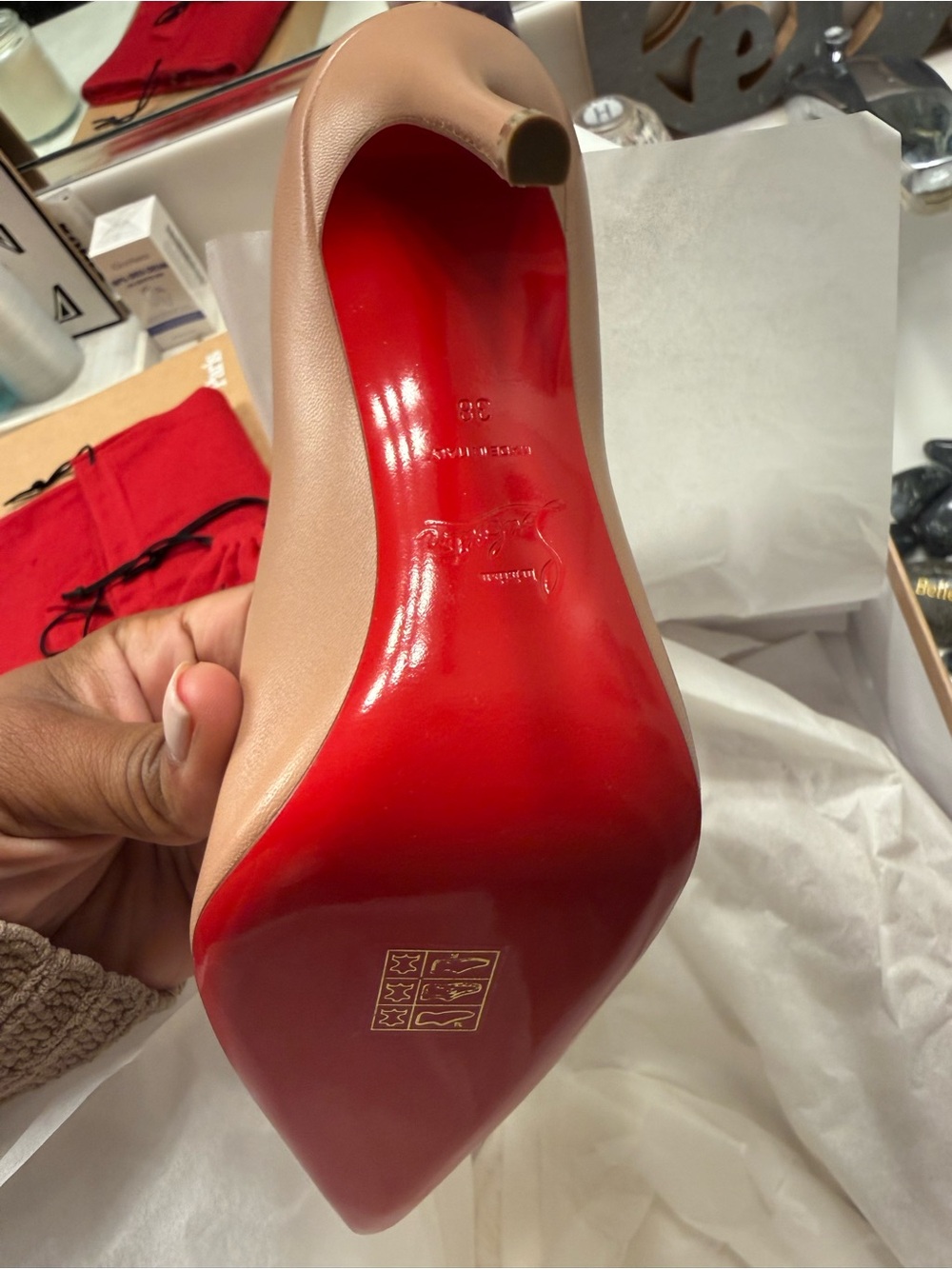 Christian Louboutin Beige Leather Pointed Toe Pump with Red Sole